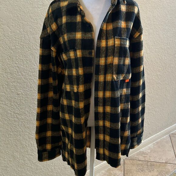 Urban Outfitters Men’s M Brushed Plaid Button-Down Overshirt Black Yellow Plaid - Picture 1 of 11